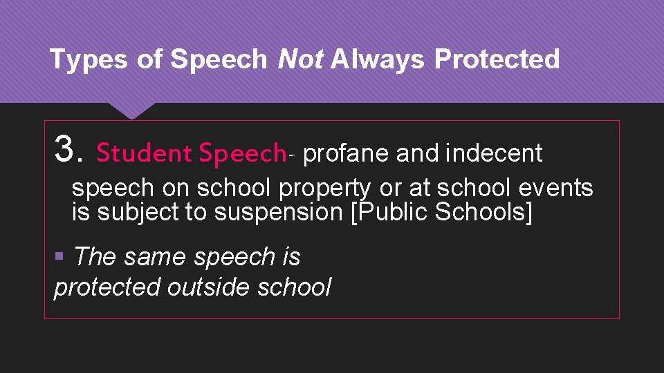 Types of Speech Not Always Protected 3. Student Speech- profane and indecent speech on