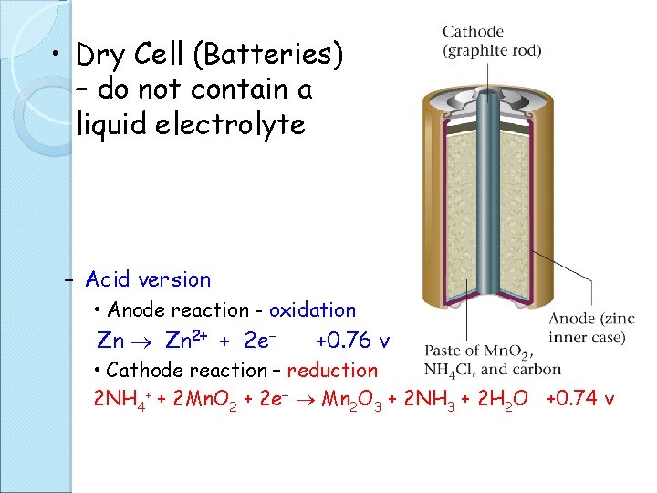  • Dry Cell (Batteries) – do not contain a liquid electrolyte – Acid