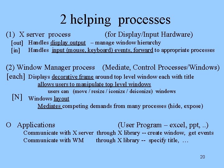 2 helping processes (1) X server process (for Display/Input Hardware) [out] Handles display output