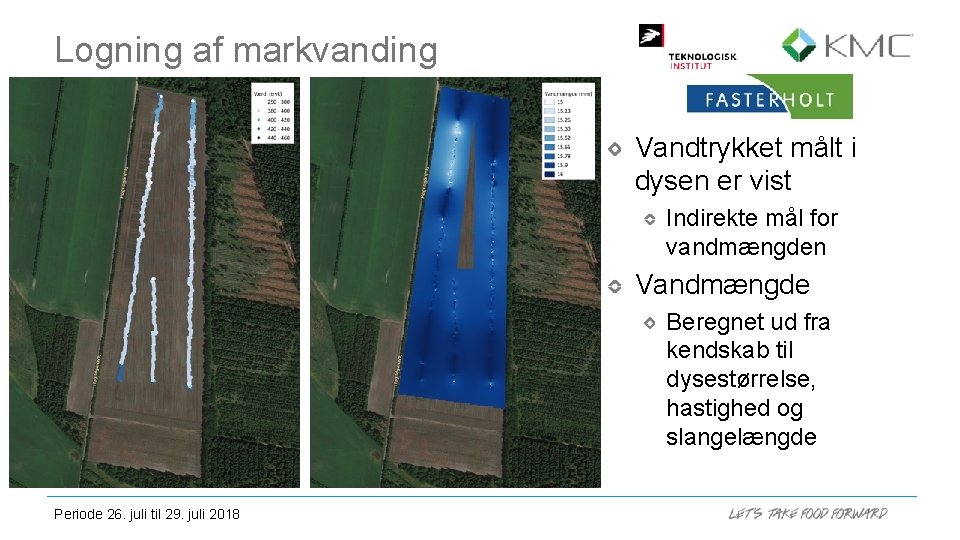 Logning af markvanding Vandtrykket målt i dysen er vist Indirekte mål for vandmængden Vandmængde