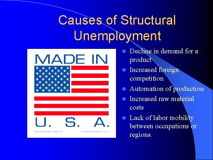 Causes of Structural Unemployment l l l Decline in demand for a product Increased