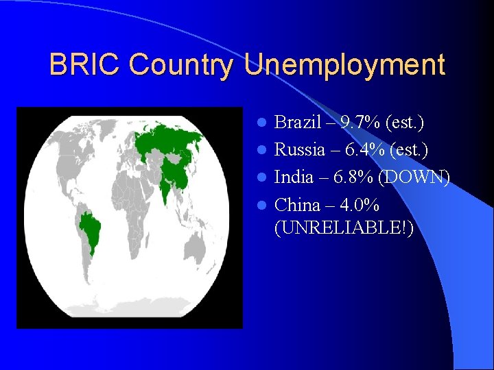 BRIC Country Unemployment Brazil – 9. 7% (est. ) l Russia – 6. 4%