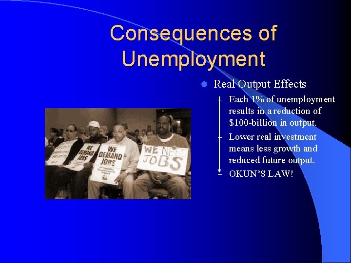 Consequences of Unemployment l Real Output Effects – Each 1% of unemployment results in