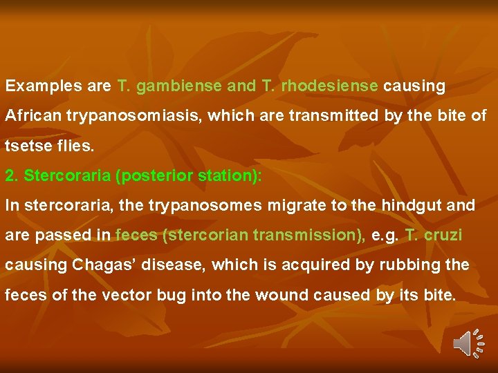 Examples are T. gambiense and T. rhodesiense causing African trypanosomiasis, which are transmitted by Examples are T. gambiense and T. rhodesiense causing African trypanosomiasis, which are transmitted by