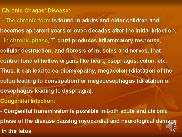 Chronic Chagas’ Disease: - The chronic form is found in adults and older children Chronic Chagas’ Disease: - The chronic form is found in adults and older children