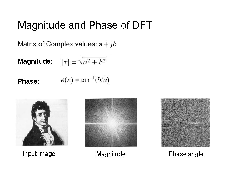 Magnitude and Phase of DFT Magnitude: Phase: Input image Magnitude Phase angle 