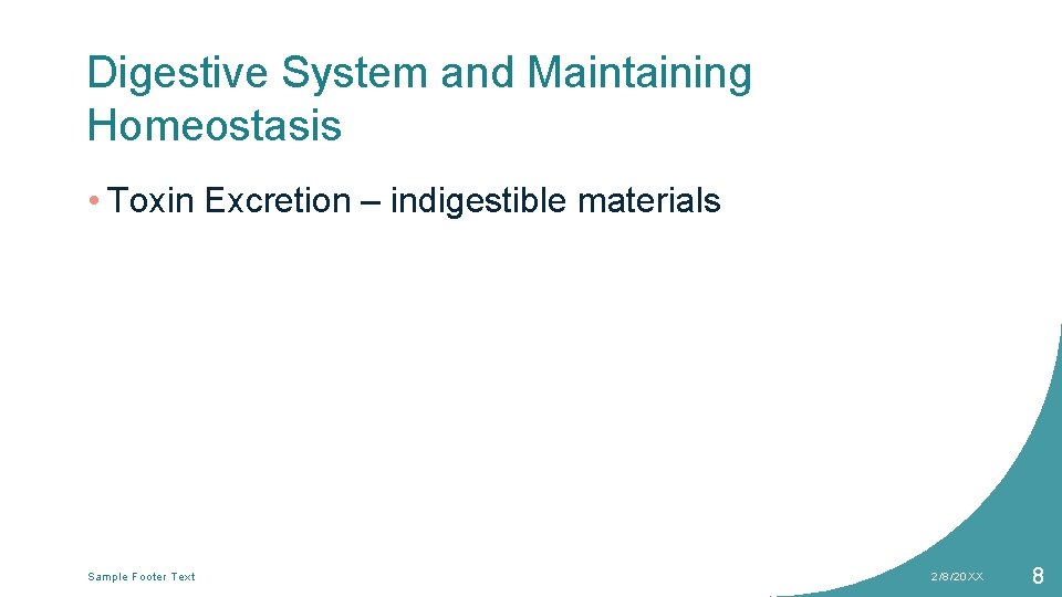 Digestive System and Maintaining Homeostasis • Toxin Excretion – indigestible materials Sample Footer Text