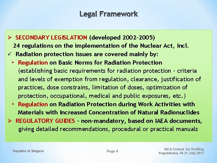 Ø SECONDARY LEGISLATION (developed 2002 -2005) 24 regulations on the implementation of the Nuclear