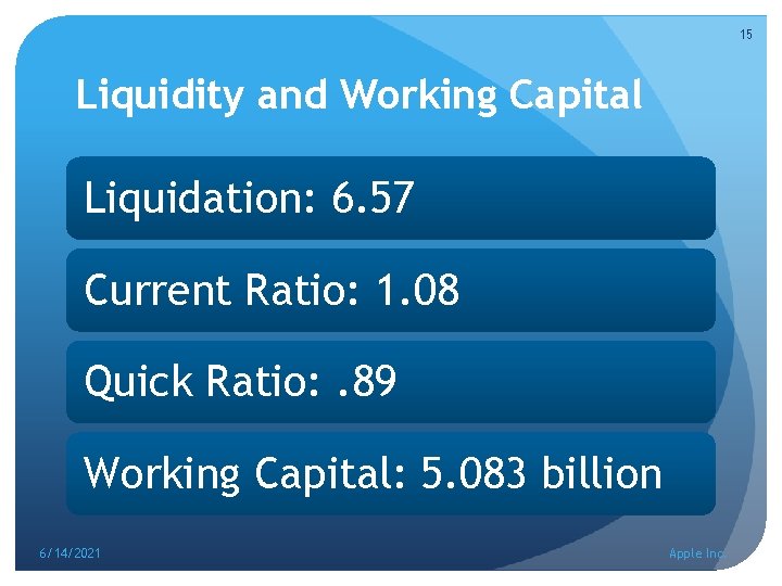 15 Liquidity and Working Capital Liquidation: 6. 57 Current Ratio: 1. 08 Quick Ratio: