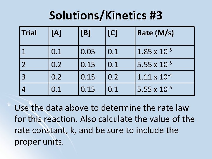 Solutions/Kinetics #3 Trial [A] [B] [C] Rate (M/s) 1 0. 05 0. 1 1.