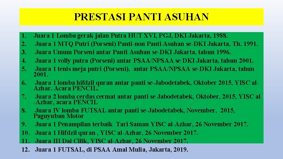 PRESTASI PANTI ASUHAN 1. 2. 3. 4. 5. Juara 1 Lomba gerak jalan Putra PRESTASI PANTI ASUHAN 1. 2. 3. 4. 5. Juara 1 Lomba gerak jalan Putra
