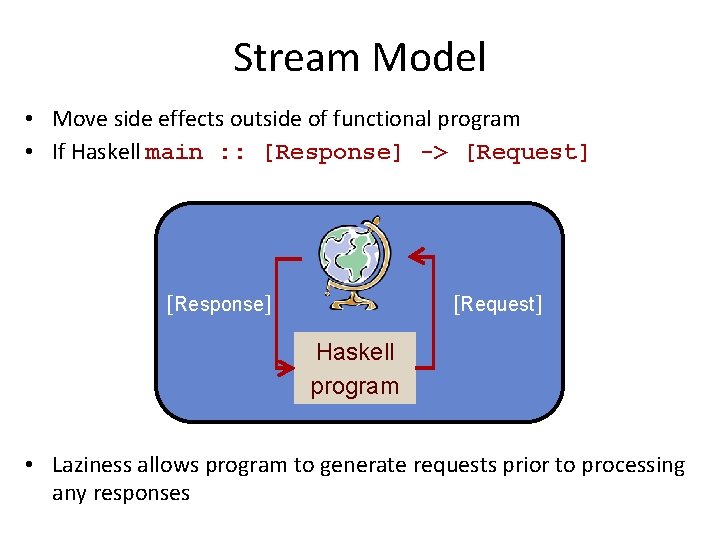 Stream Model • Move side effects outside of functional program • If Haskell main