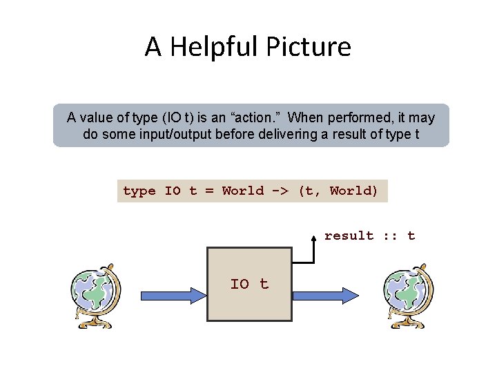 A Helpful Picture A value of type (IO t) is an “action. ” When