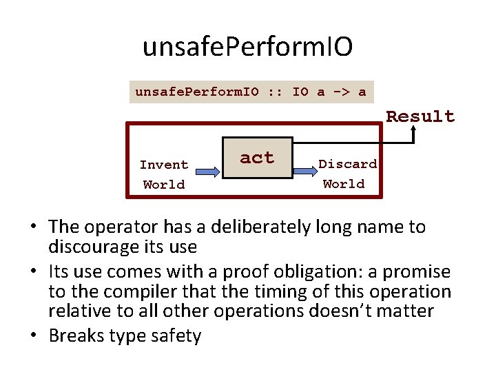 unsafe. Perform. IO : : IO a -> a Result Invent World act Discard