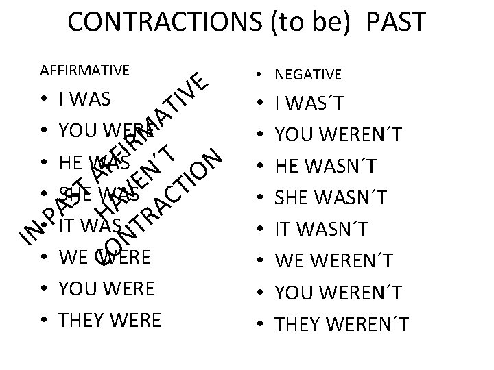 CONTRACTIONS (to be) PAST AFFIRMATIVE E V • I WAS I T A •