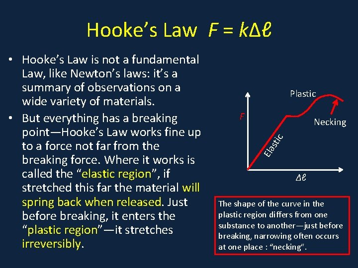 Hooke’s Law F = kΔℓ • vshape Plastic F sti c Necking Ela •
