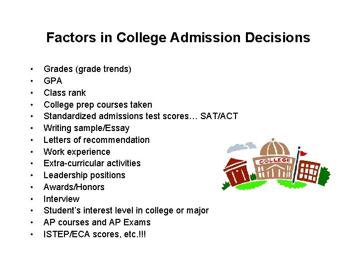 Factors in College Admission Decisions • • • • Grades (grade trends) GPA Class