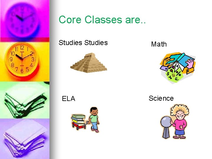 Core Classes are. . Studies ELA Math Science 