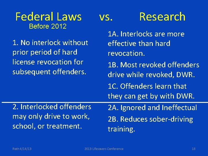 Federal Laws vs. Before 2012 1. No interlock without prior period of hard license