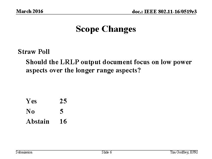 March 2016 doc. : IEEE 802. 11 -16/0519 r 3 Scope Changes Straw Poll