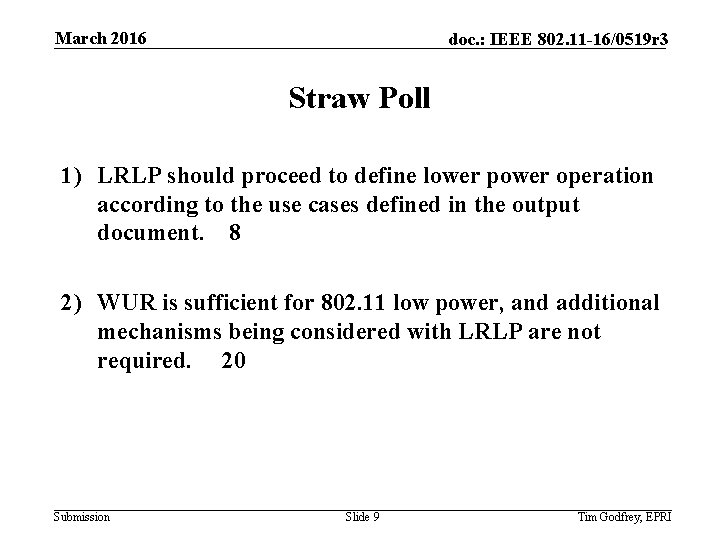March 2016 doc. : IEEE 802. 11 -16/0519 r 3 Straw Poll 1) LRLP