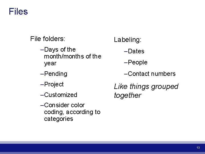 Files File folders: Labeling: – Days of the month/months of the year – Dates