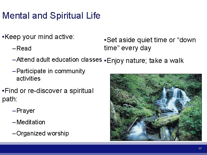 Mental and Spiritual Life • Keep your mind active: – Read • Set aside