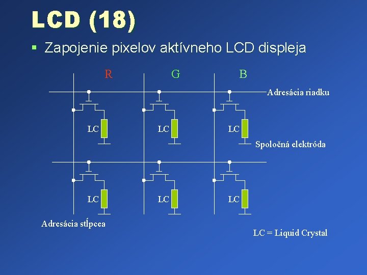 LCD (18) § Zapojenie pixelov aktívneho LCD displeja R G B Adresácia riadku LC