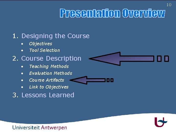 10 1. Designing the Course • • Objectives Tool Selection 2. Course Description •