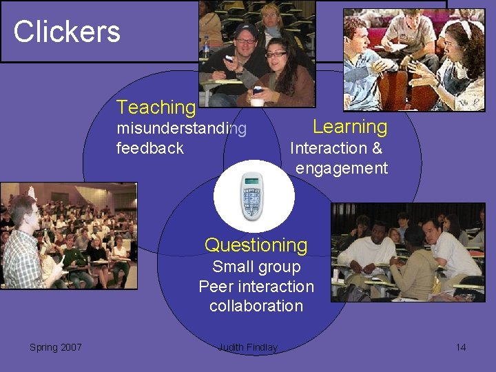 Clickers Teaching misunderstanding feedback Learning Interaction & engagement Questioning Small group Peer interaction collaboration