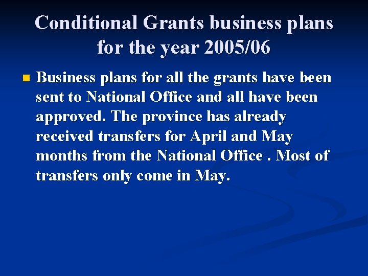 Conditional Grants business plans for the year 2005/06 n Business plans for all the