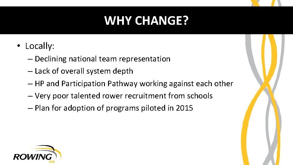 WHY CHANGE? • Locally: – Declining national team representation – Lack of overall system