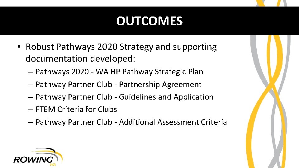 OUTCOMES • Robust Pathways 2020 Strategy and supporting documentation developed: – Pathways 2020 -