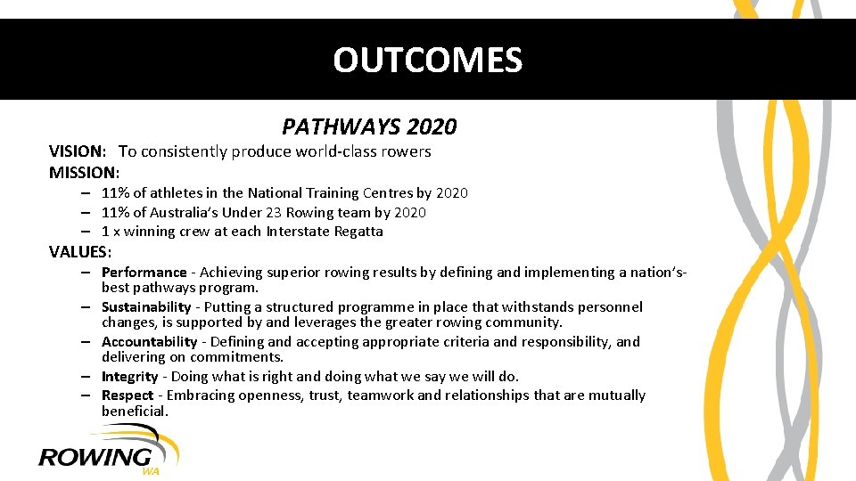 OUTCOMES PATHWAYS 2020 VISION: To consistently produce world-class rowers MISSION: – 11% of athletes