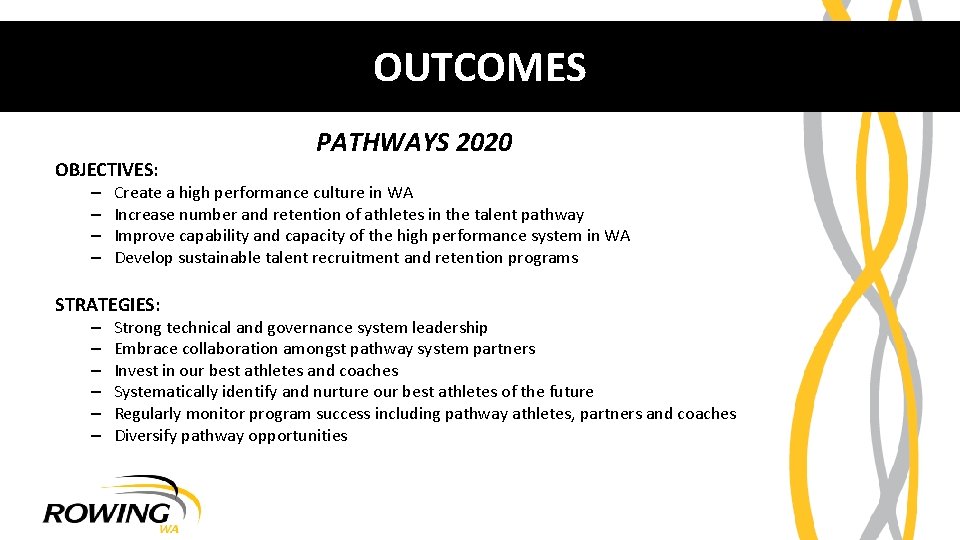 OUTCOMES OBJECTIVES: – – Create a high performance culture in WA Increase number and