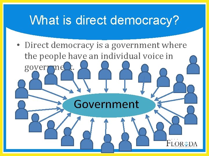 What is direct democracy? • Direct democracy is a government where the people have