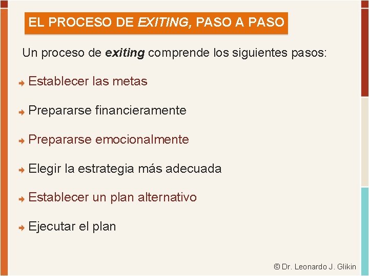 EL PROCESO DE EXITING, PASO A PASO Un proceso de exiting comprende los siguientes