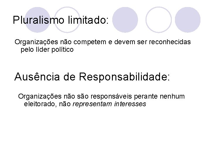 Pluralismo limitado: Organizações não competem e devem ser reconhecidas pelo líder político Ausência de