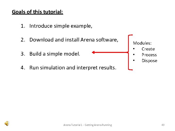 Goals of this tutorial: 1. Introduce simple example, 2. Download and install Arena software,