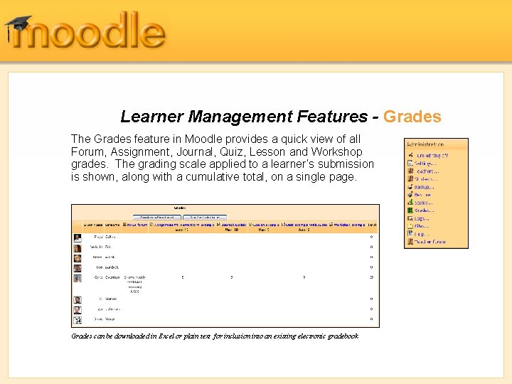 Learner Management Features - Grades The Grades feature in Moodle provides a quick view