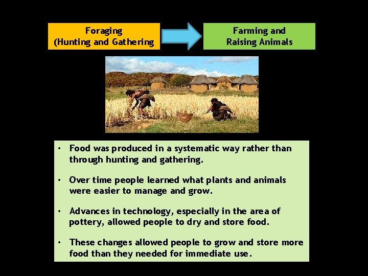 Foraging (Hunting and Gathering Farming and Raising Animals • Food was produced in a