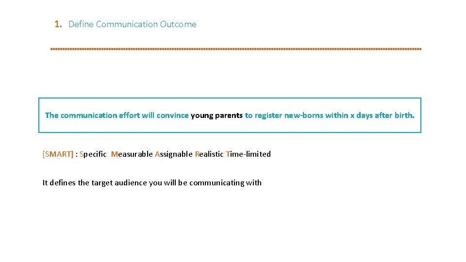 1. Define Communication Outcome The communication effort will convince young parents to register new-borns