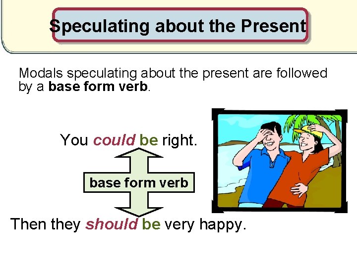 Speculating about the Present Modals speculating about the present are followed by a base
