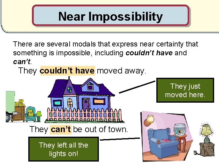 Near Impossibility There are several modals that express near certainty that something is impossible, Near Impossibility There are several modals that express near certainty that something is impossible,