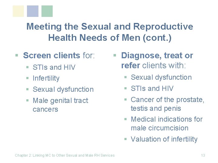 Meeting the Sexual and Reproductive Health Needs of Men (cont. ) § Screen clients