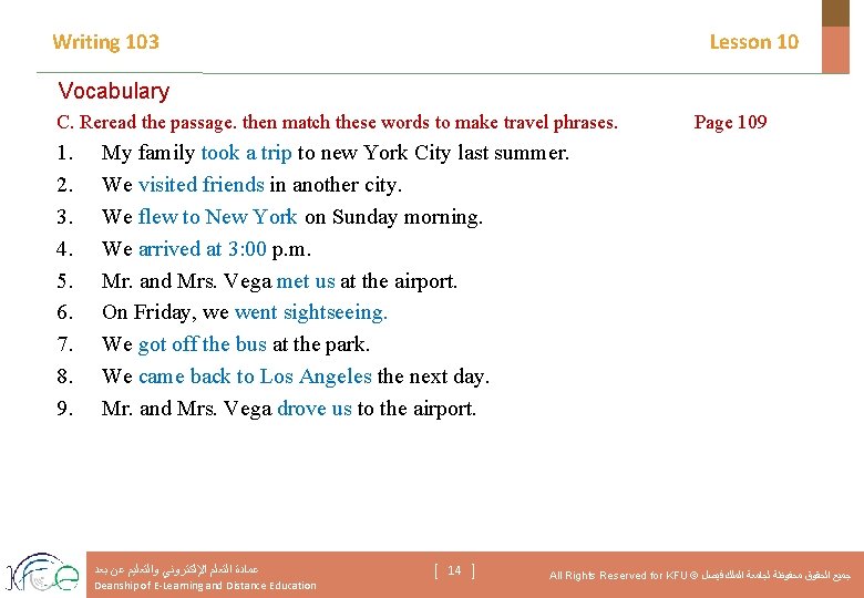 Writing 103 Lesson 10 Vocabulary C. Reread the passage. then match these words to