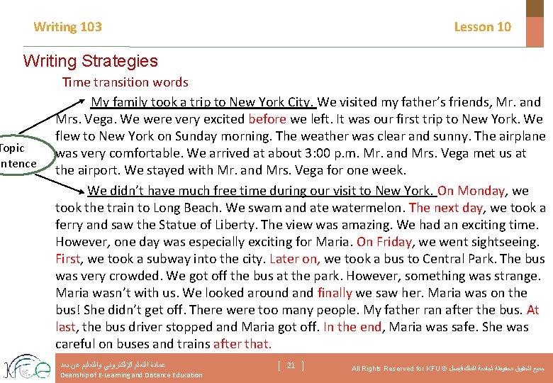 Writing 103 Lesson 10 Writing Strategies Topic entence Time transition words My family took