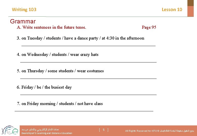 Writing 103 Lesson 10 Grammar A. Write sentences in the future tense. Page 95