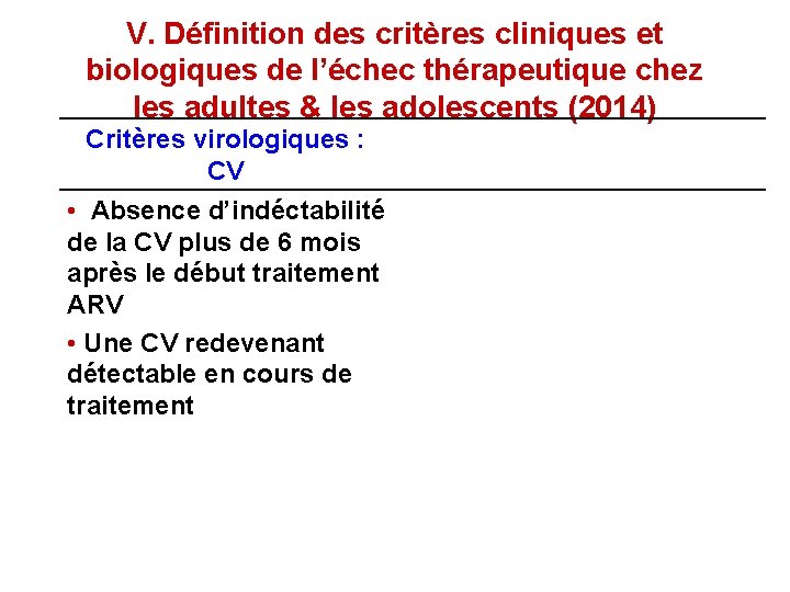 V. Définition des critères cliniques et biologiques de l’échec thérapeutique chez les adultes &