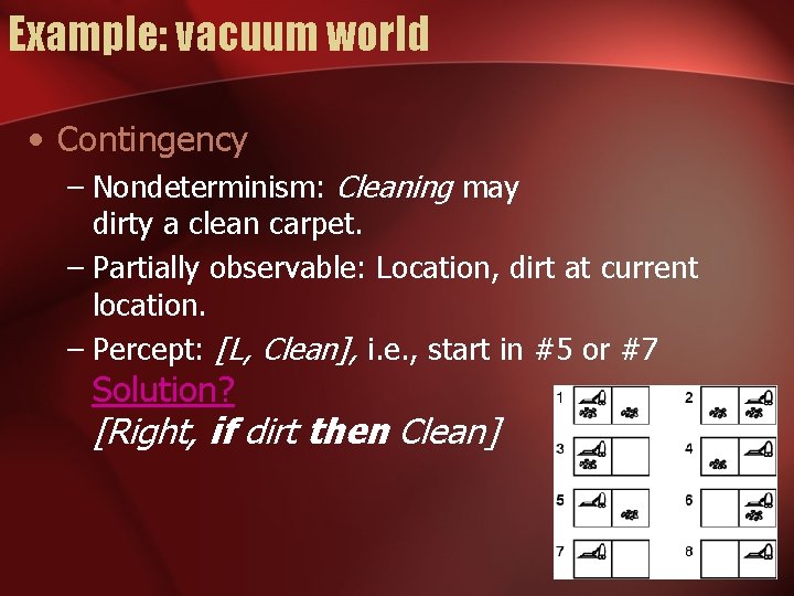 Example: vacuum world • Contingency – Nondeterminism: Cleaning may dirty a clean carpet. –